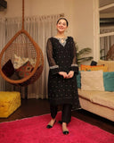 HANIA AMiR Shafoon Embroidered 3pcs Black Color.